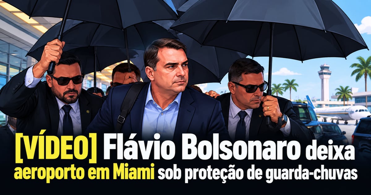[VÍDEO] Flávio Bolsonaro deixa aeroporto em Miami sob proteção de guarda-chuvas